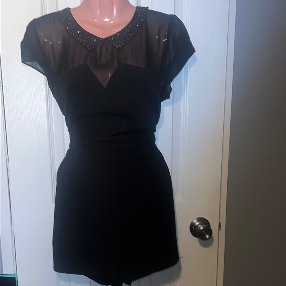 Black Sheer Beaded Neckline Romper